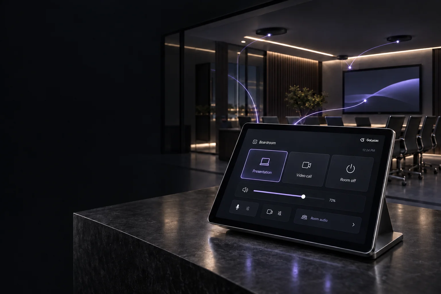 Illustrative custom room-control interface on a tablet in a meeting room.